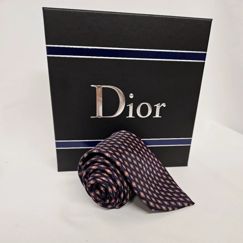 Christian Dior Silk Neckyie in Navy and Red Interlocking Diamond Pattern
